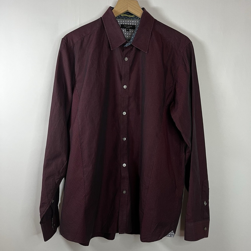 Ted Baker Top‎ Men Size 6 Maroon Collared Button Up Long Sleeve Shirt Cotton